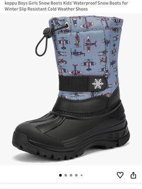 Kids Winter Snow Boots with Airplane Print - Blue & Black